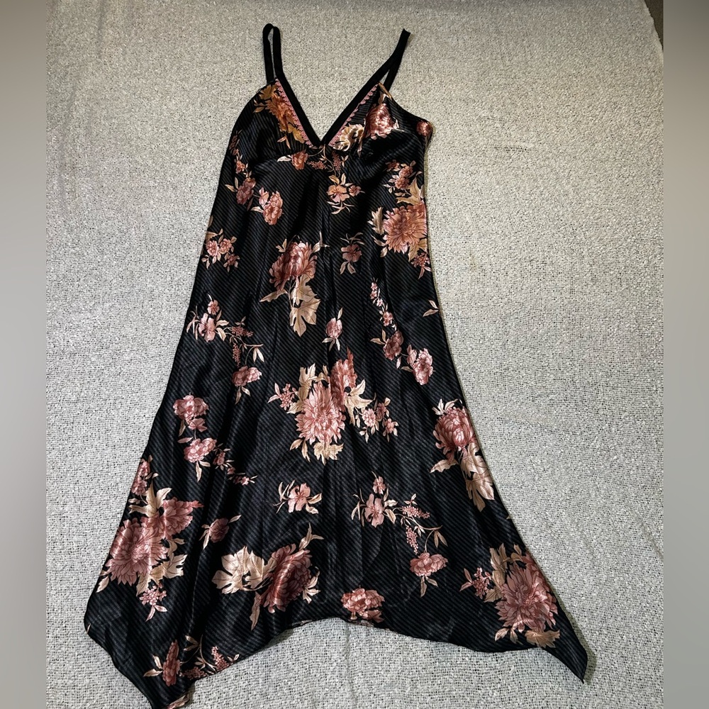 Black Y2K Floral Slip Dress w Stripes & Floral Design, Asymmetrical Hem Size L